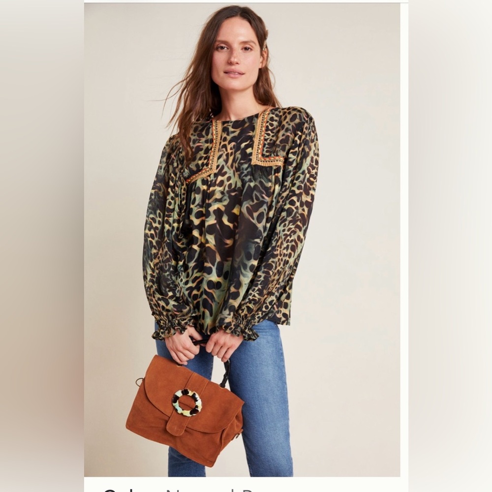 ANTHROPOLOGIE Joelle Leopard Peasant Blouse in Neutral Pattern size M